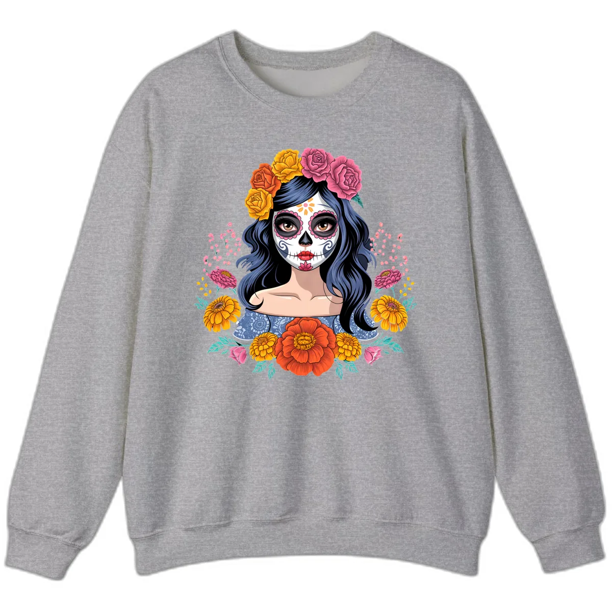 Floral Crown Calavera Portrait Sweatshirt in Sport Grey