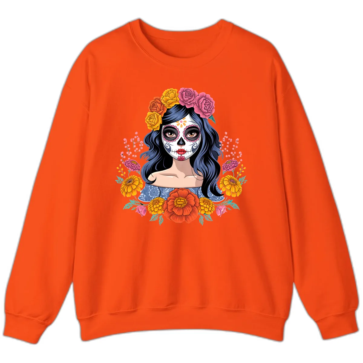 Floral Crown Calavera Portrait Sweatshirt in Orange