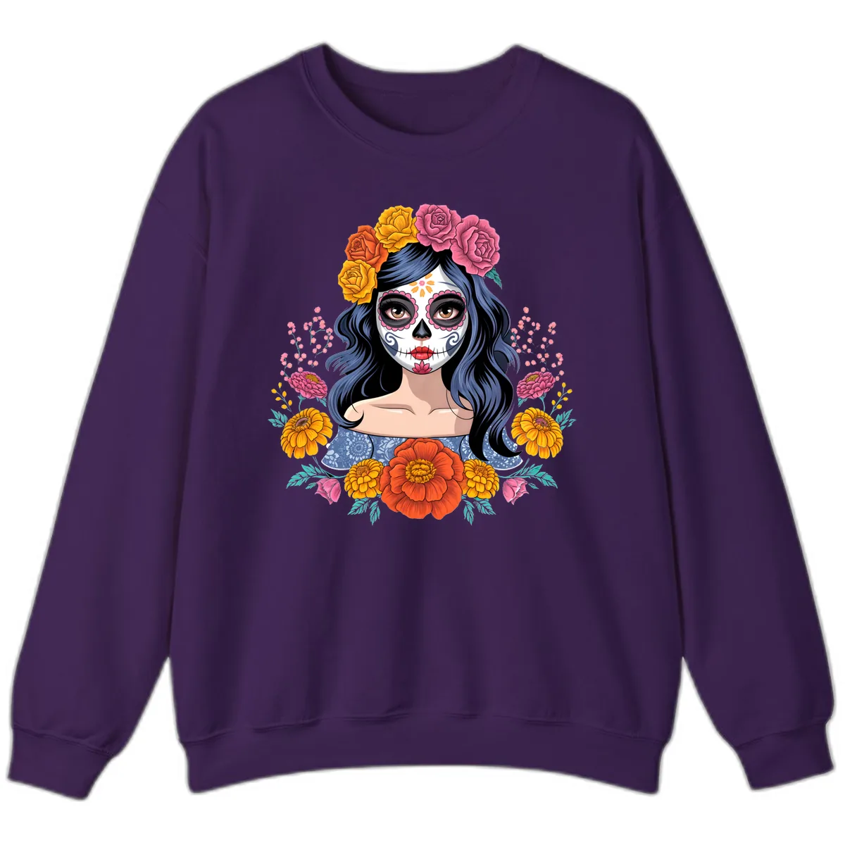 Floral Crown Calavera Portrait Sweatshirt in Purple