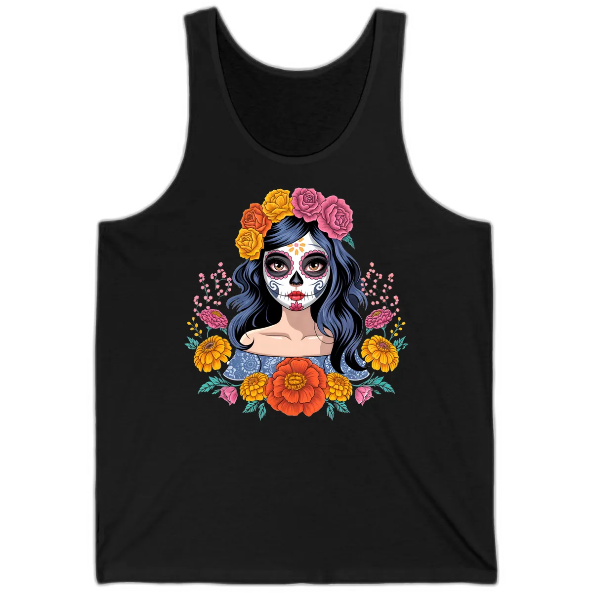 Floral Crown Calavera Portrait Tank in Black