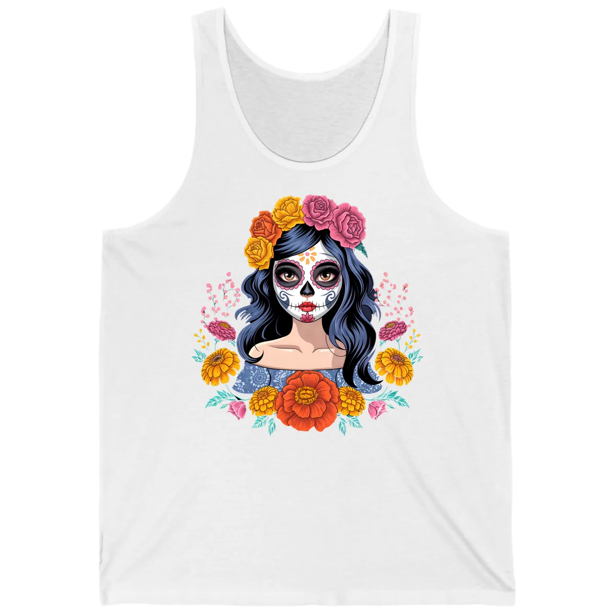 Floral Crown Calavera Portrait Tank in White