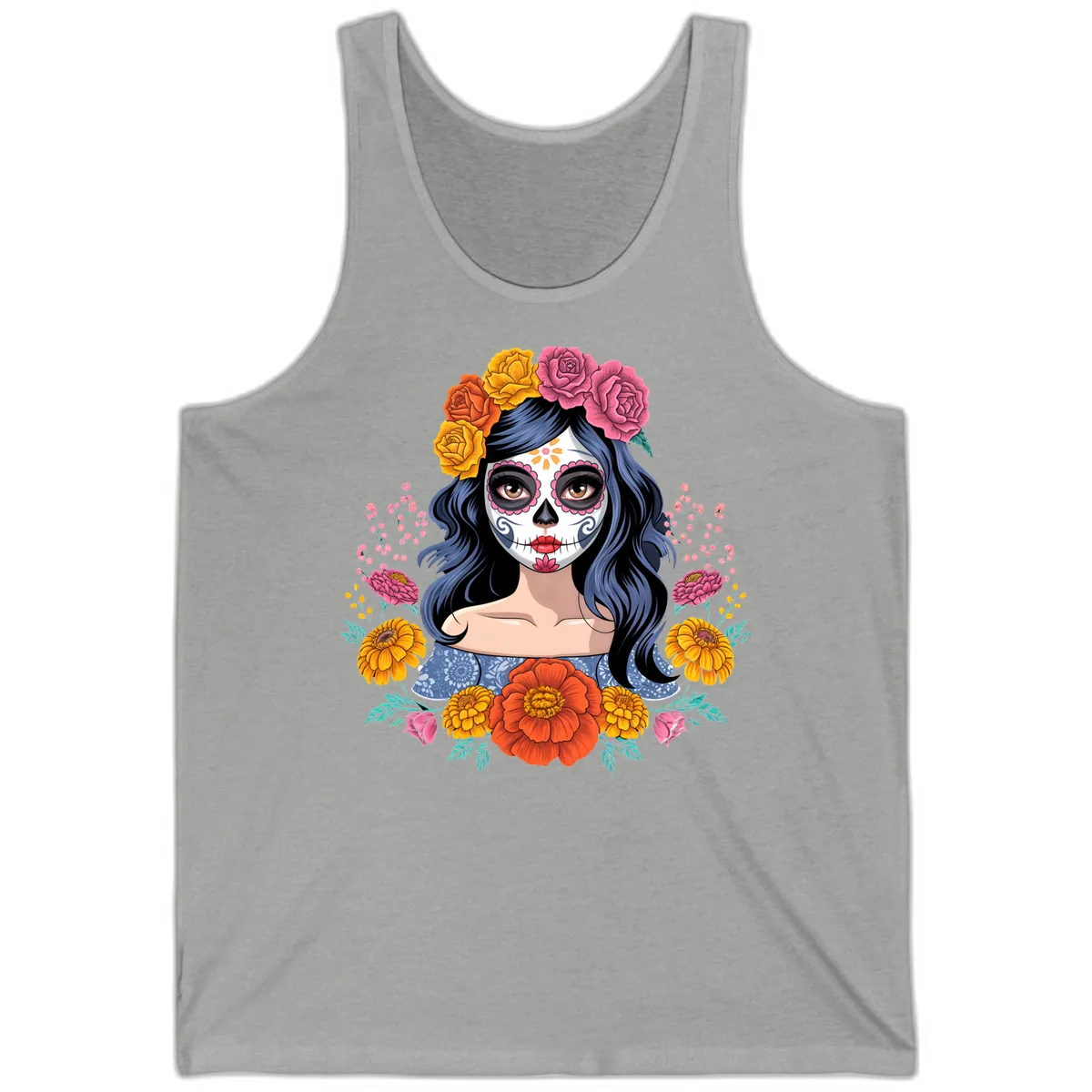 Floral Crown Calavera Portrait Tank in Athletic Heather