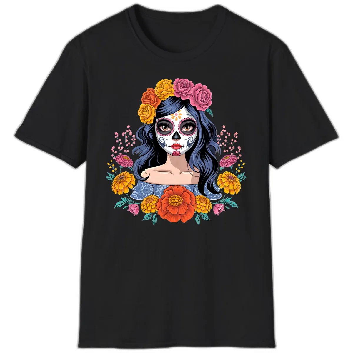 Floral Crown Calavera Portrait T-Shirt in Black