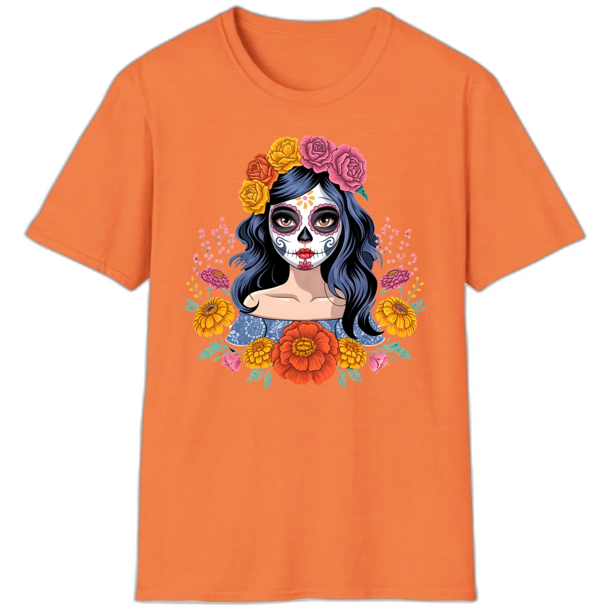 Floral Crown Calavera Portrait T-Shirt in Heather Orange