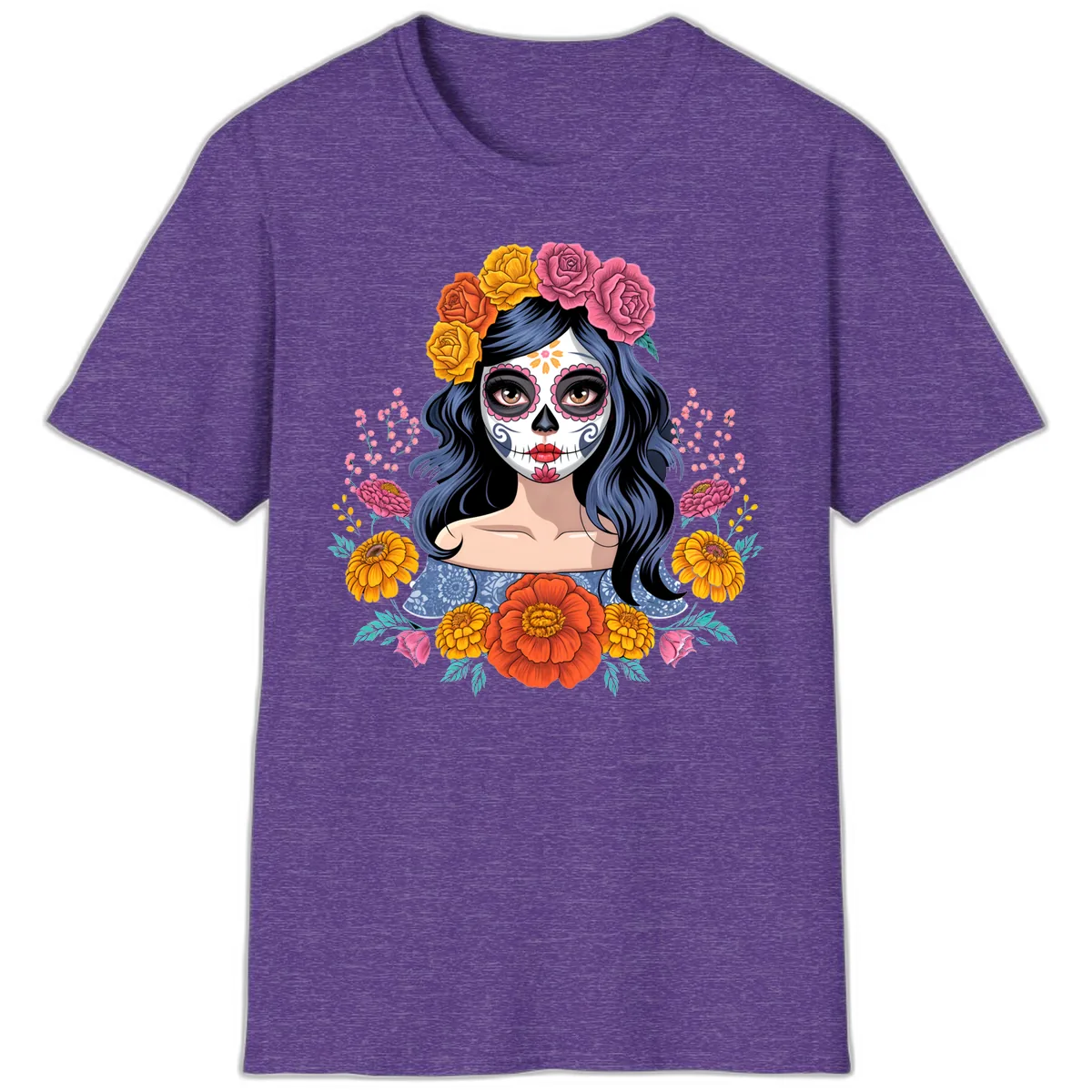 Floral Crown Calavera Portrait T-Shirt in Heather Purple