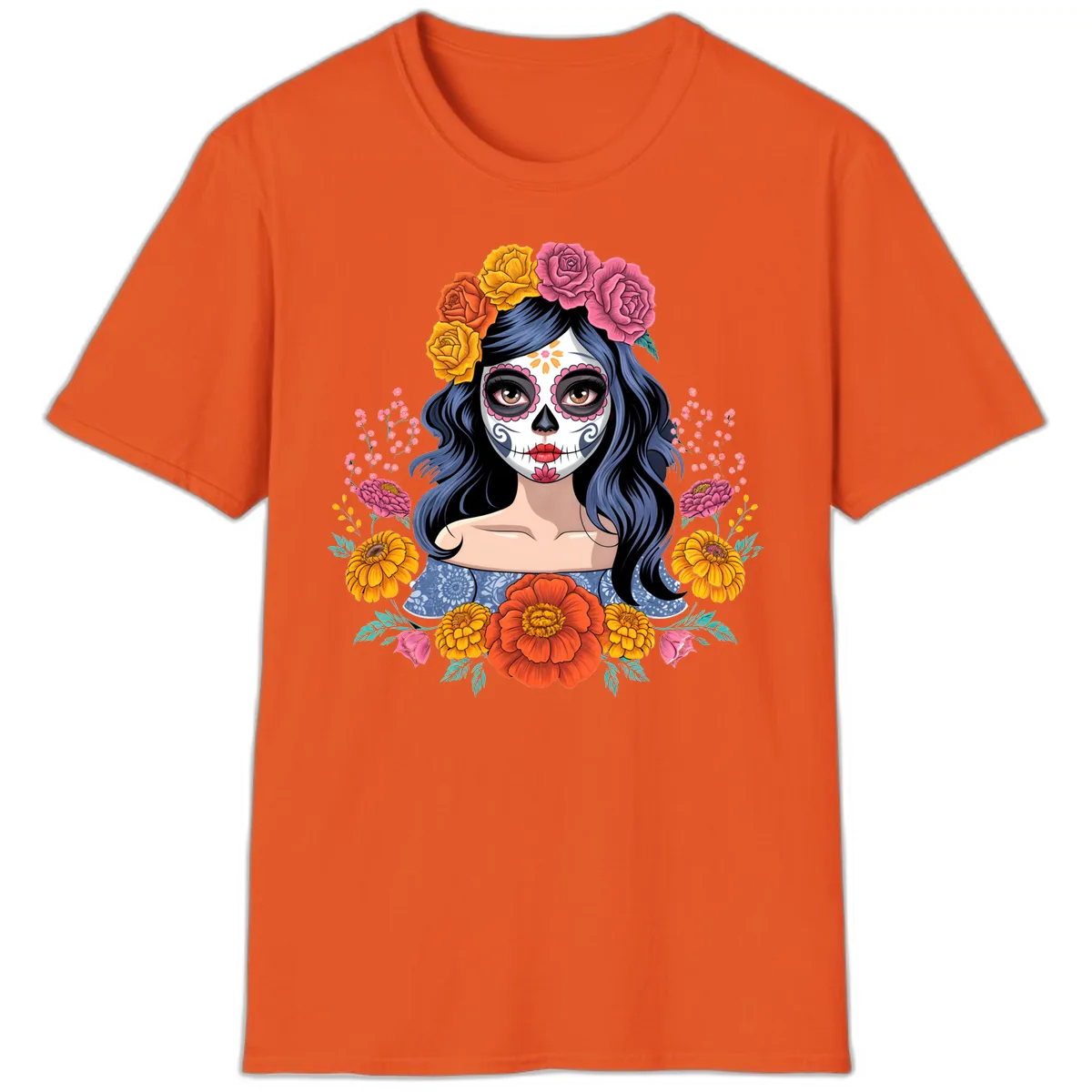 Floral Crown Calavera Portrait T-Shirt in Orange