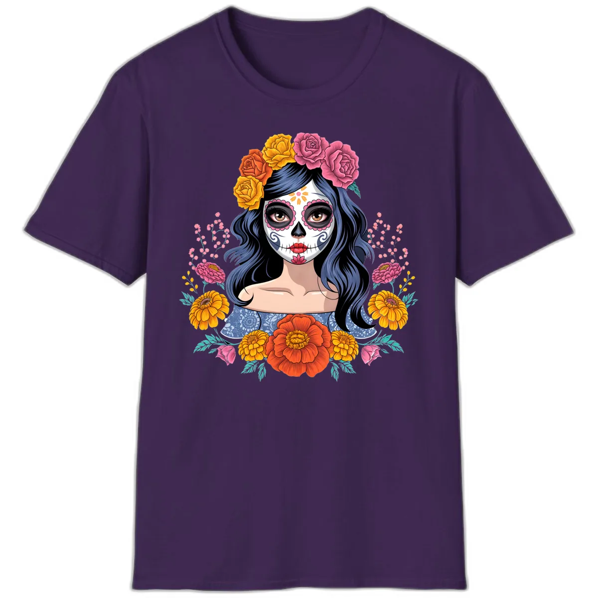 Floral Crown Calavera Portrait T-Shirt in Purple