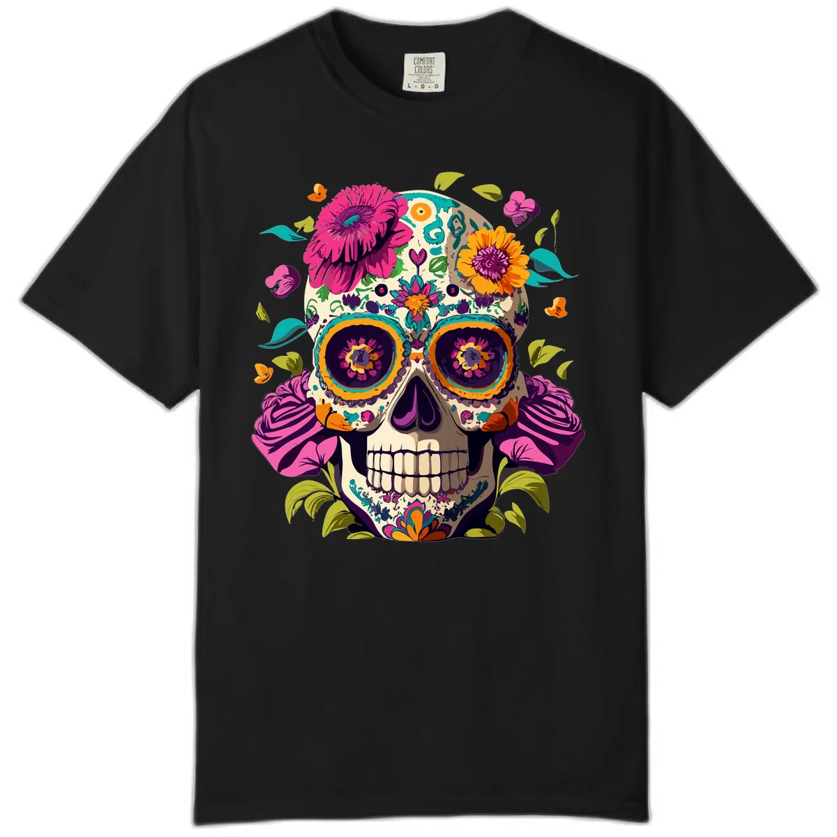 Vibrant Calavera Floral Sugar Skull Comfort Color in Black