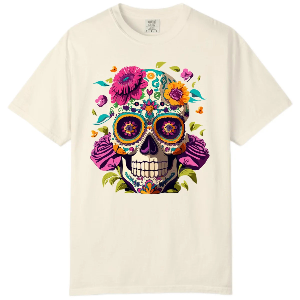 Vibrant Calavera Floral Sugar Skull Comfort Color in Ivory