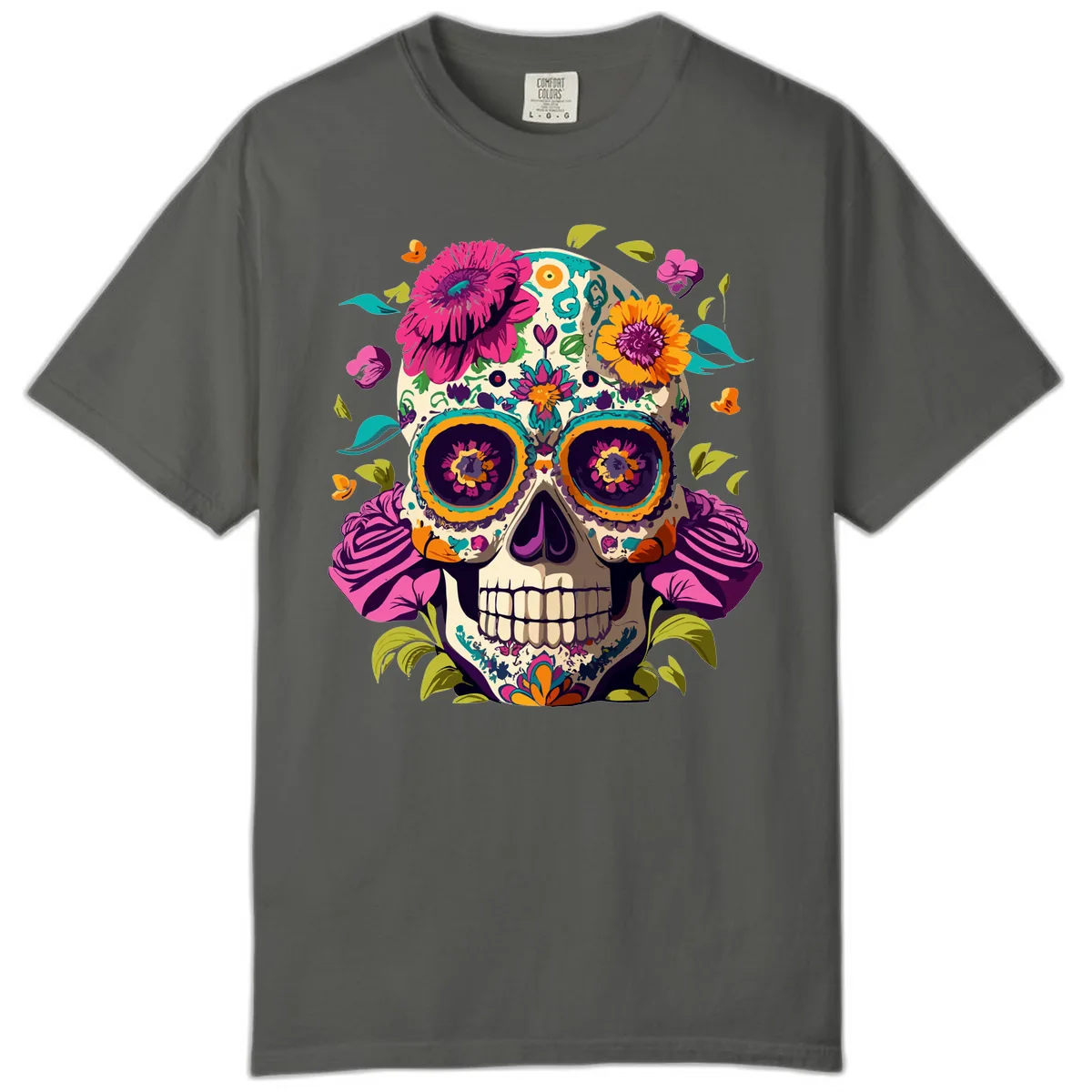 Vibrant Calavera Floral Sugar Skull Comfort Color in Pepper