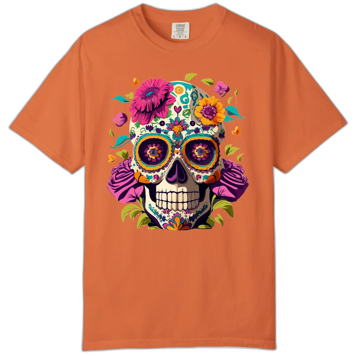 Vibrant Calavera Floral Sugar Skull Comfort Color in Burnt Orange