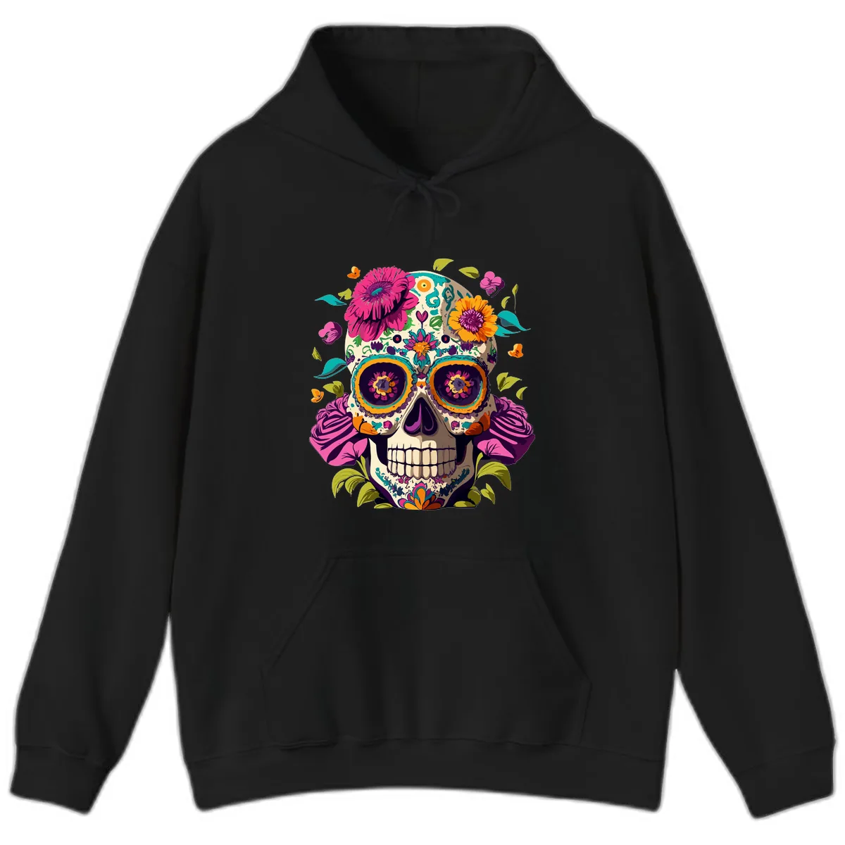 Vibrant Calavera Floral Sugar Skull Hoodie in Black