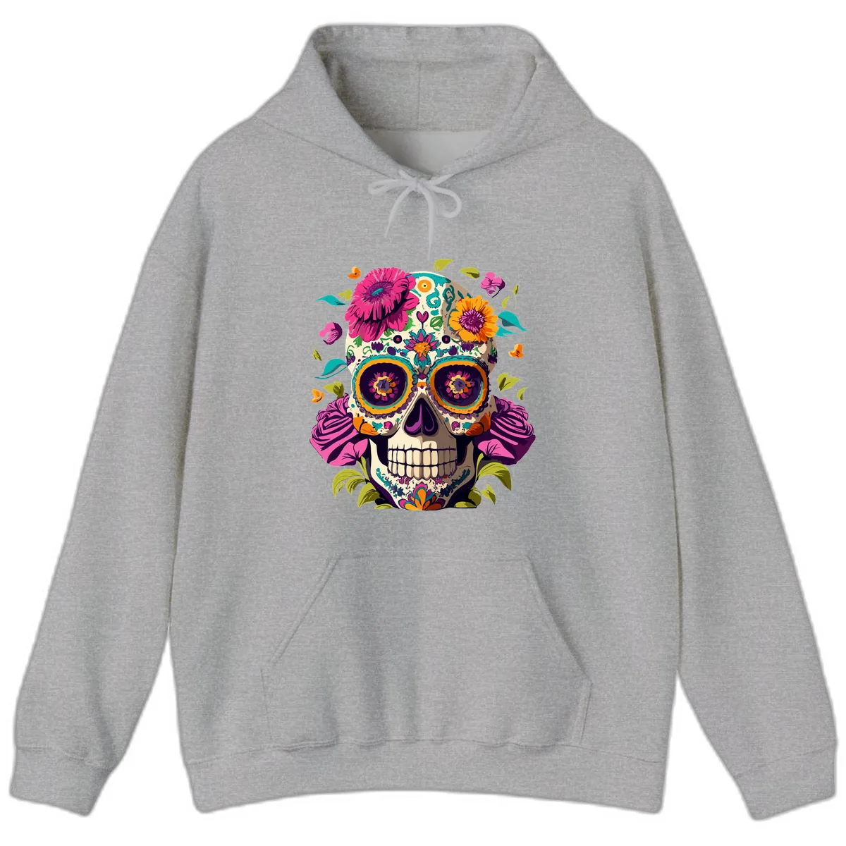 Vibrant Calavera Floral Sugar Skull Hoodie in Sport Grey
