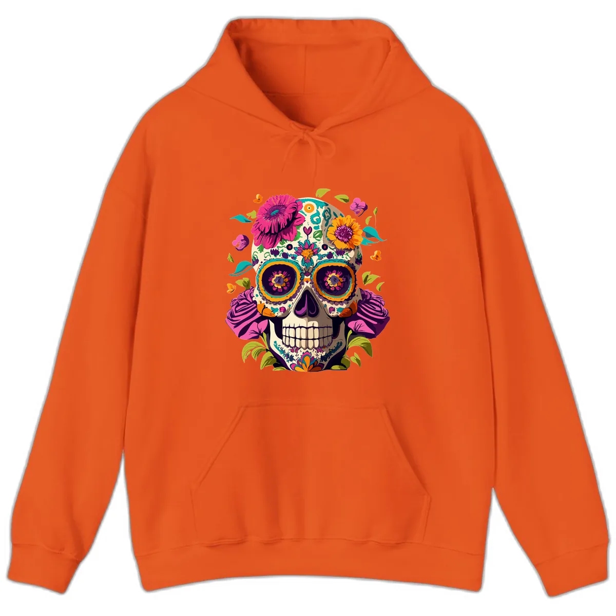 Vibrant Calavera Floral Sugar Skull Hoodie in Orange
