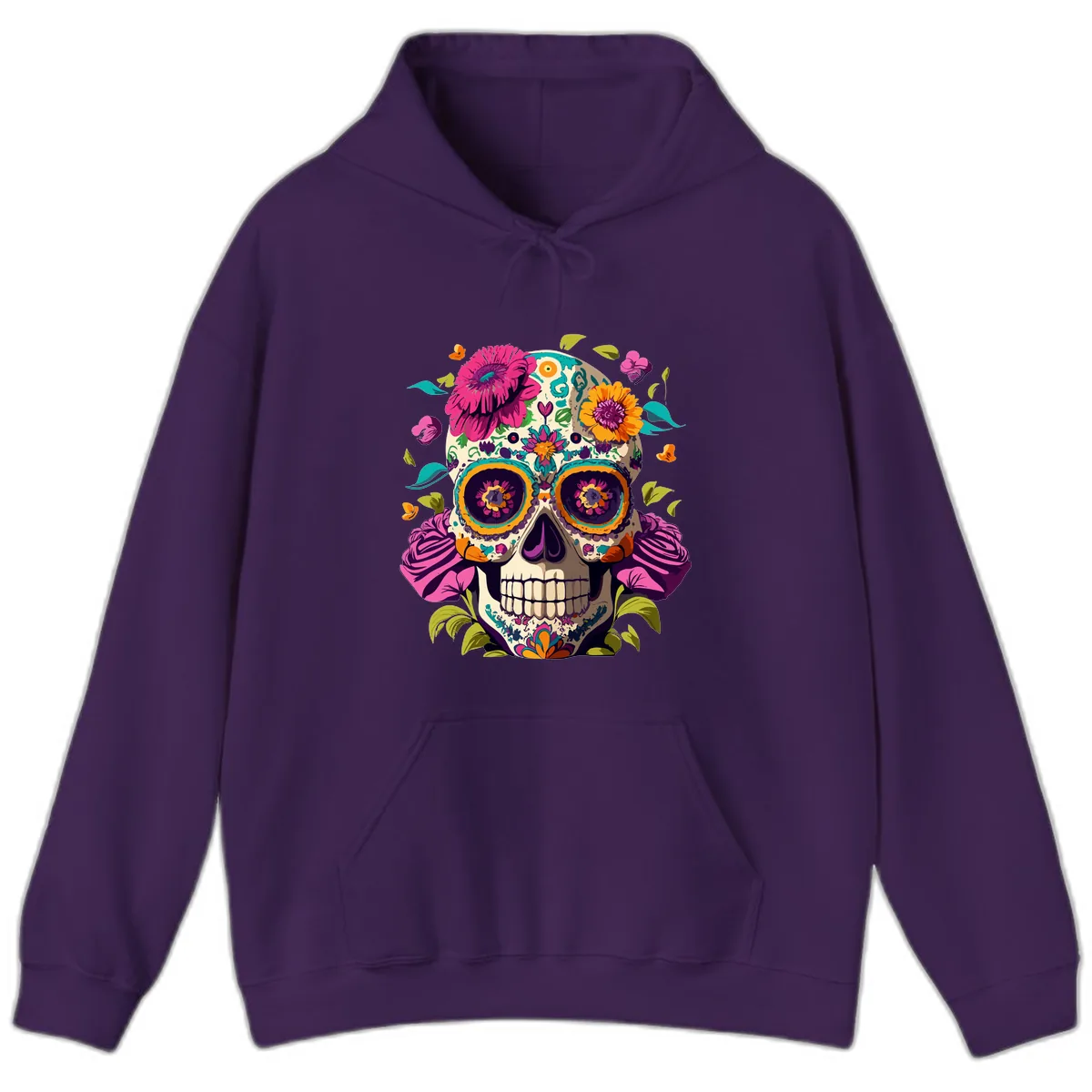 Vibrant Calavera Floral Sugar Skull Hoodie in Purple
