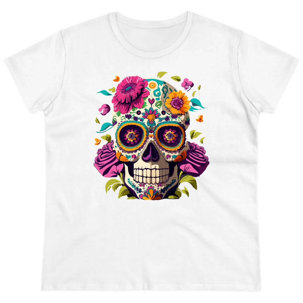 Vibrant Calavera Floral Sugar Skull Ladies Tee in White