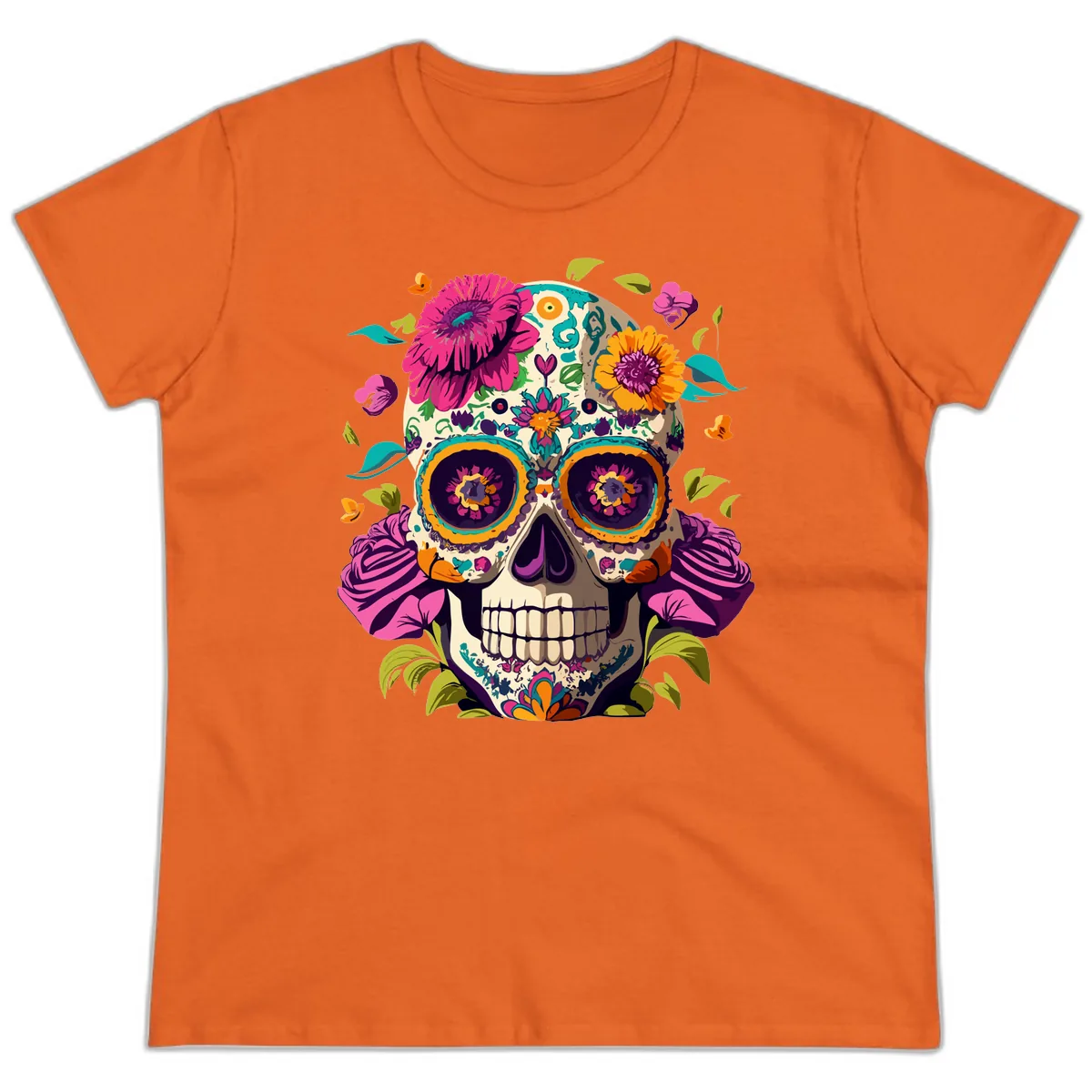 Vibrant Calavera Floral Sugar Skull Ladies Tee in Orange