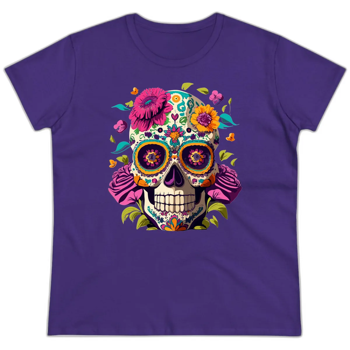 Vibrant Calavera Floral Sugar Skull Ladies Tee in Purple