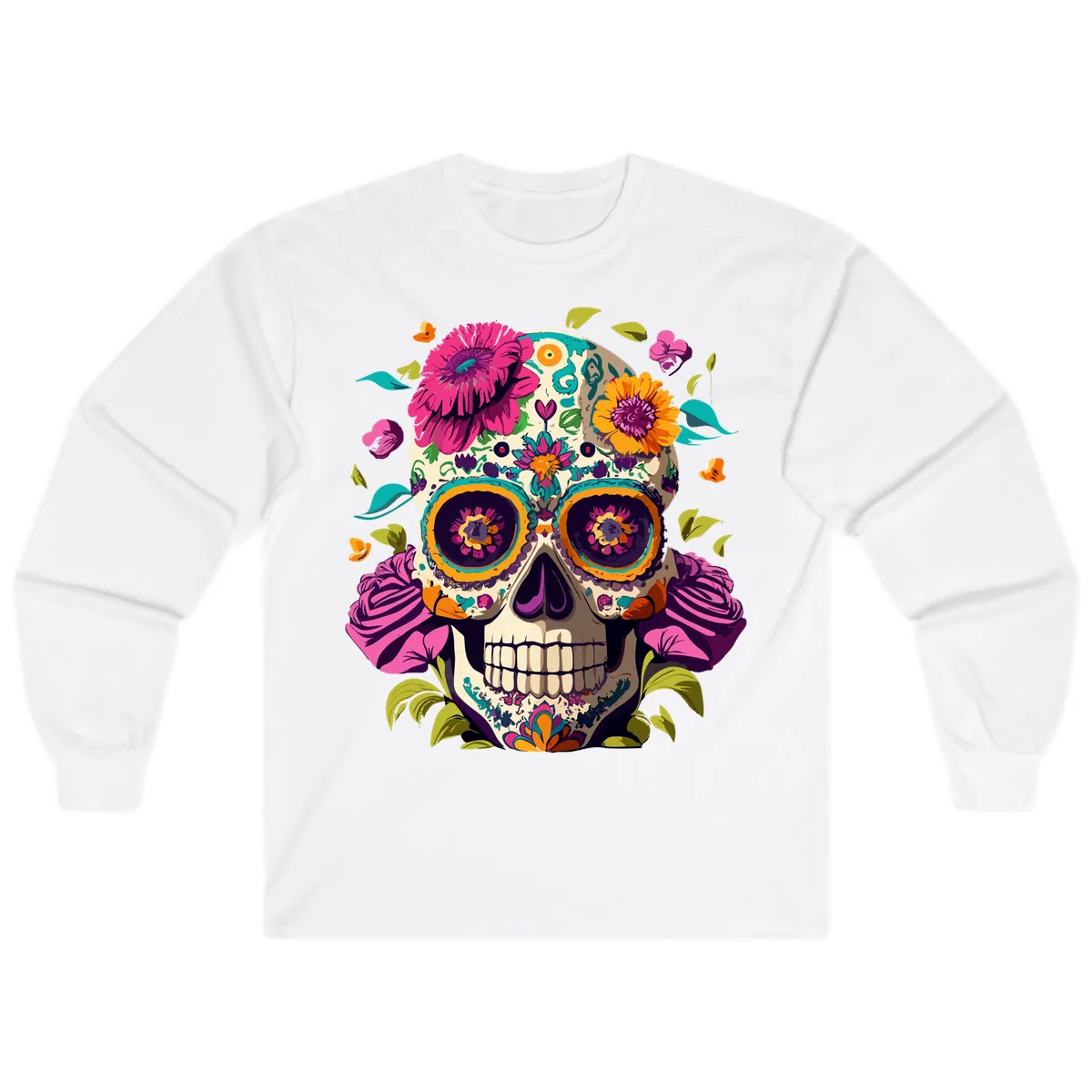 Vibrant Calavera Floral Sugar Skull Long Sleeve in White
