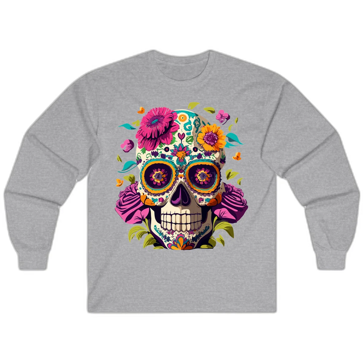 Vibrant Calavera Floral Sugar Skull Long Sleeve in Sport Grey
