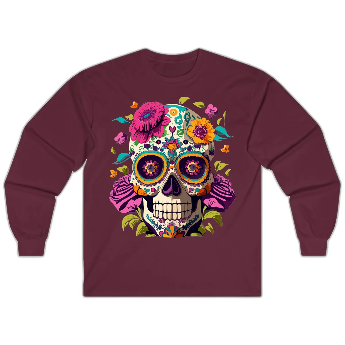 Vibrant Calavera Floral Sugar Skull Long Sleeve in Maroon