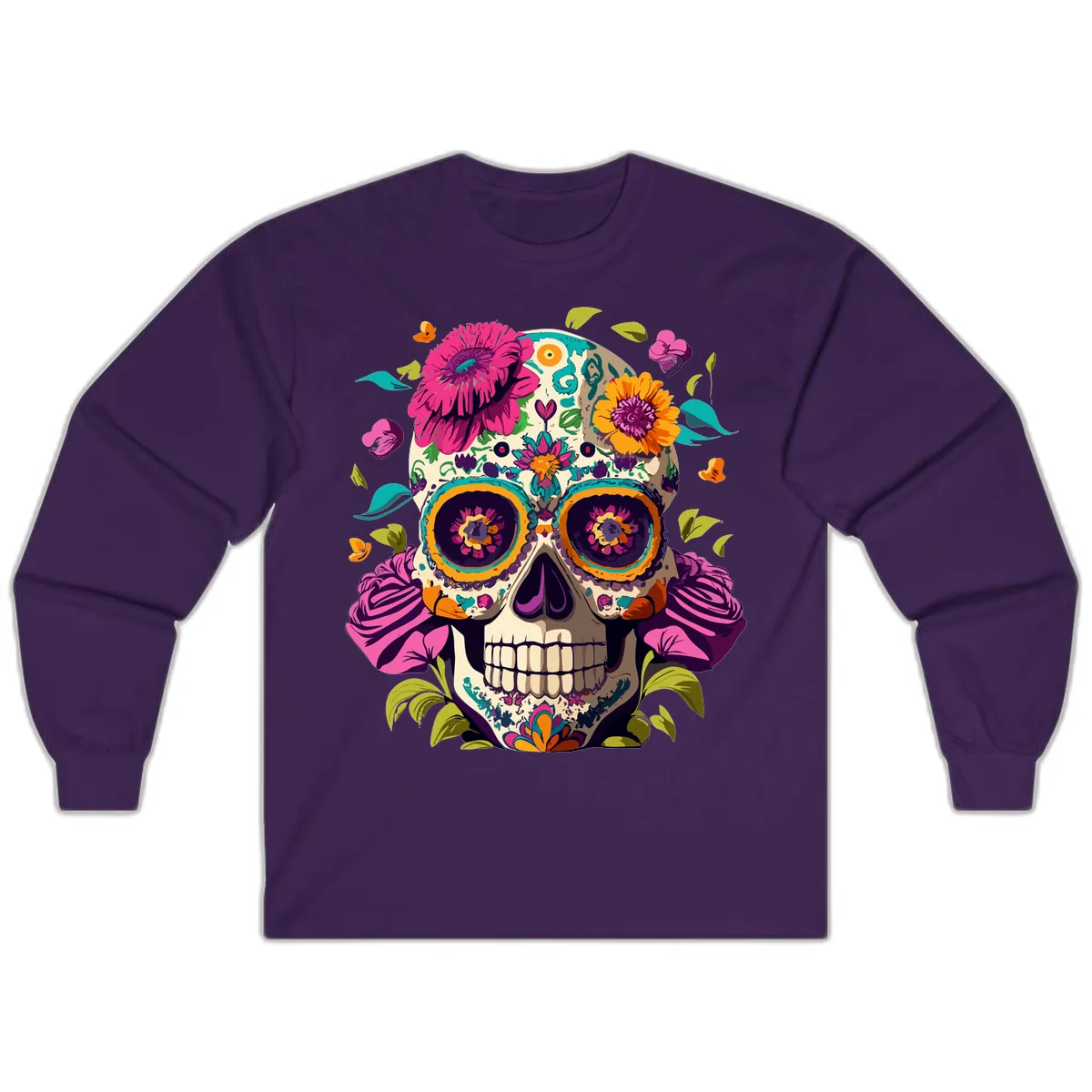 Vibrant Calavera Floral Sugar Skull Long Sleeve in Purple