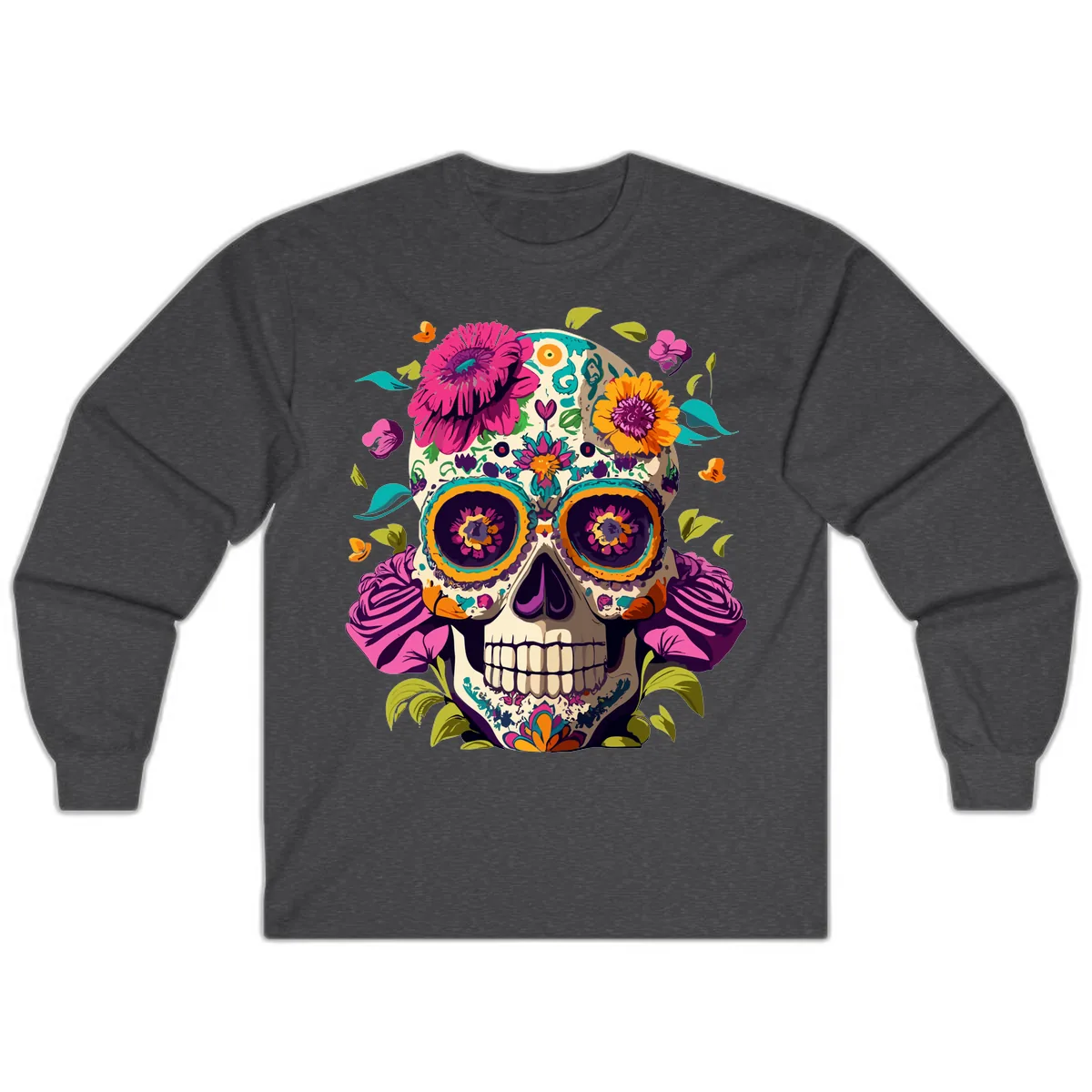 Vibrant Calavera Floral Sugar Skull Long Sleeve in Dark Heather