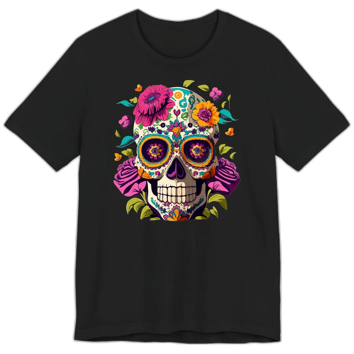 Vibrant Calavera Floral Sugar Skull Premium T-Shirt in Black