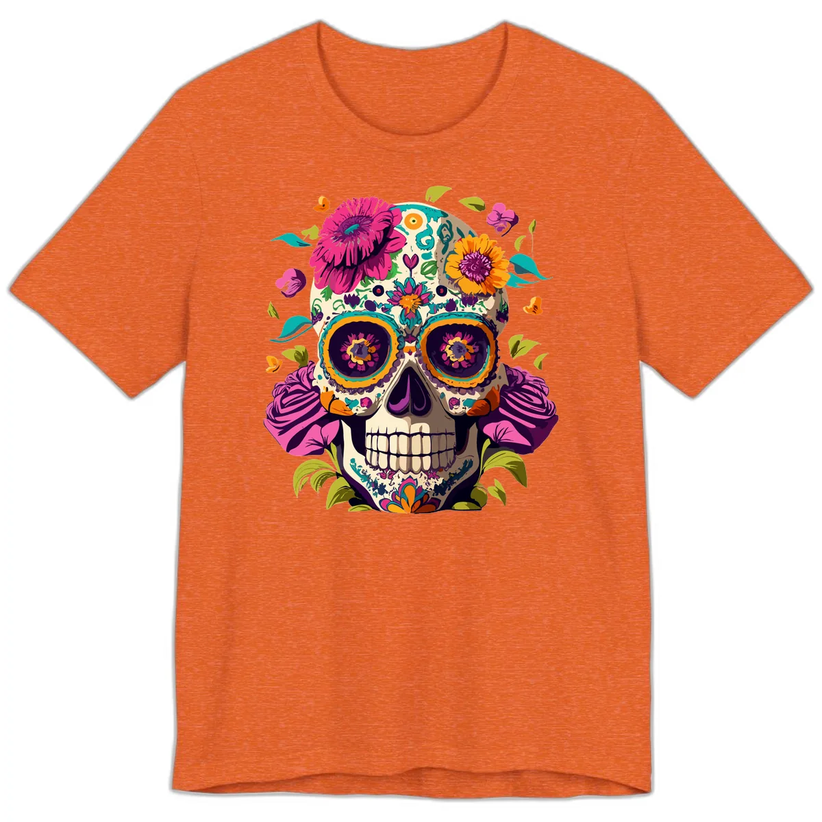Vibrant Calavera Floral Sugar Skull Premium T-Shirt in Heather Orange