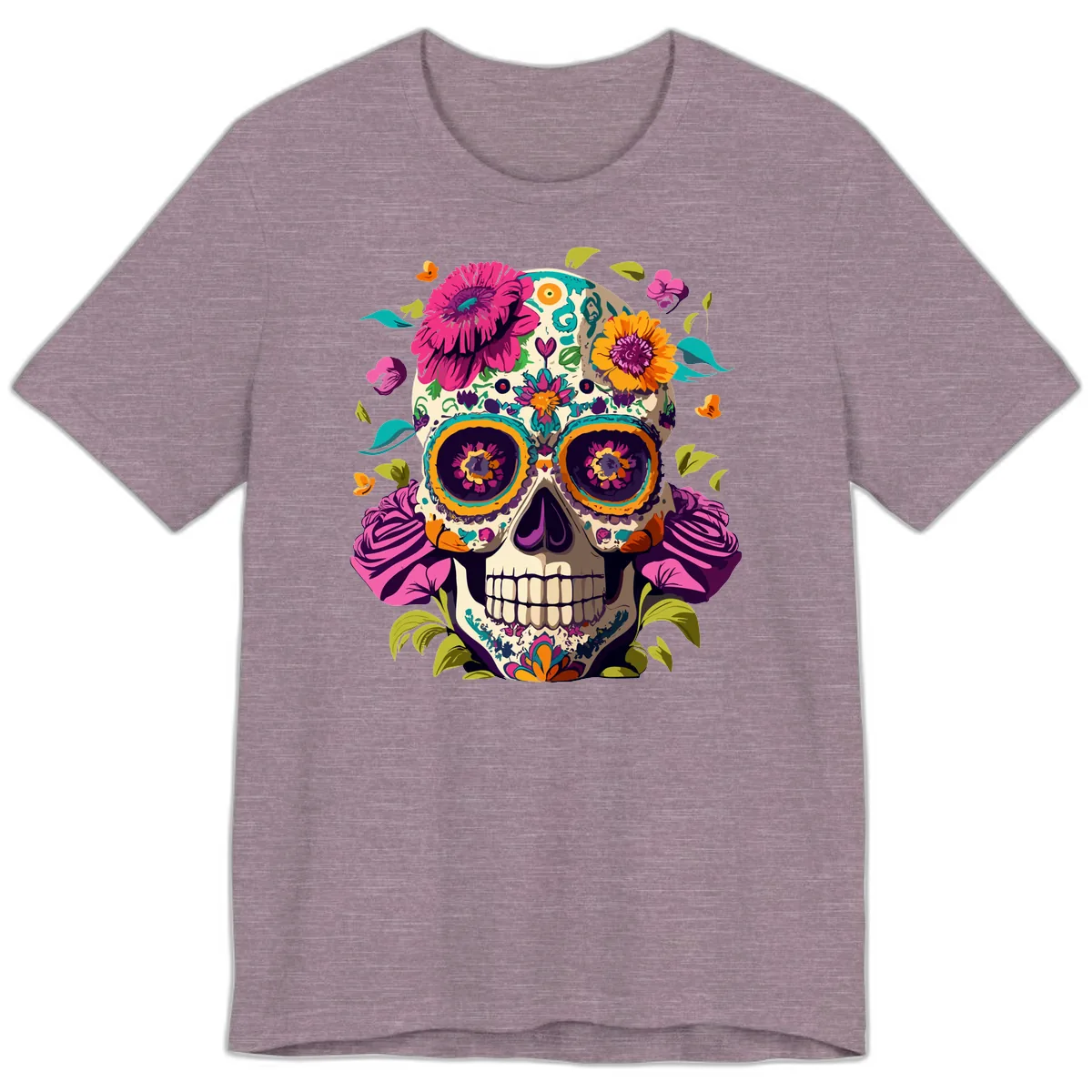 Vibrant Calavera Floral Sugar Skull Premium T-Shirt in Heather Purple