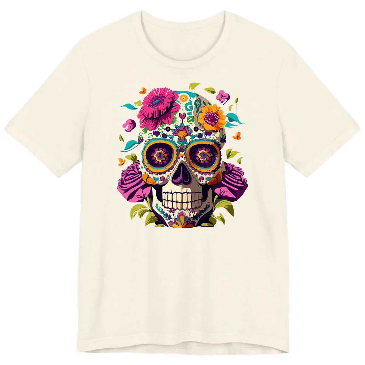 Vibrant Calavera Floral Sugar Skull Premium T-Shirt in Natural