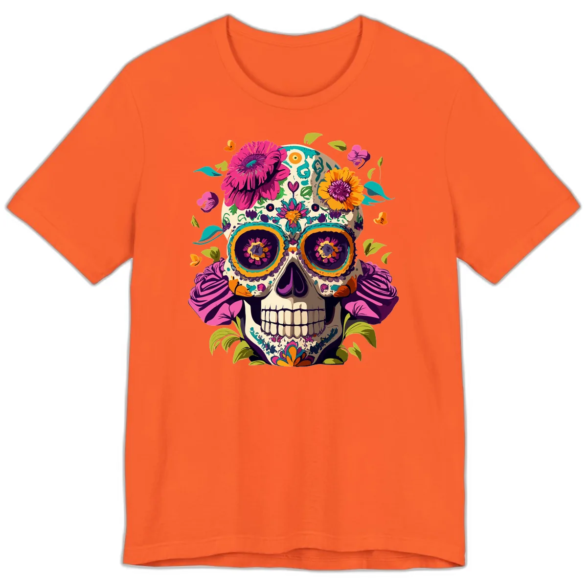Vibrant Calavera Floral Sugar Skull Premium T-Shirt in Orange