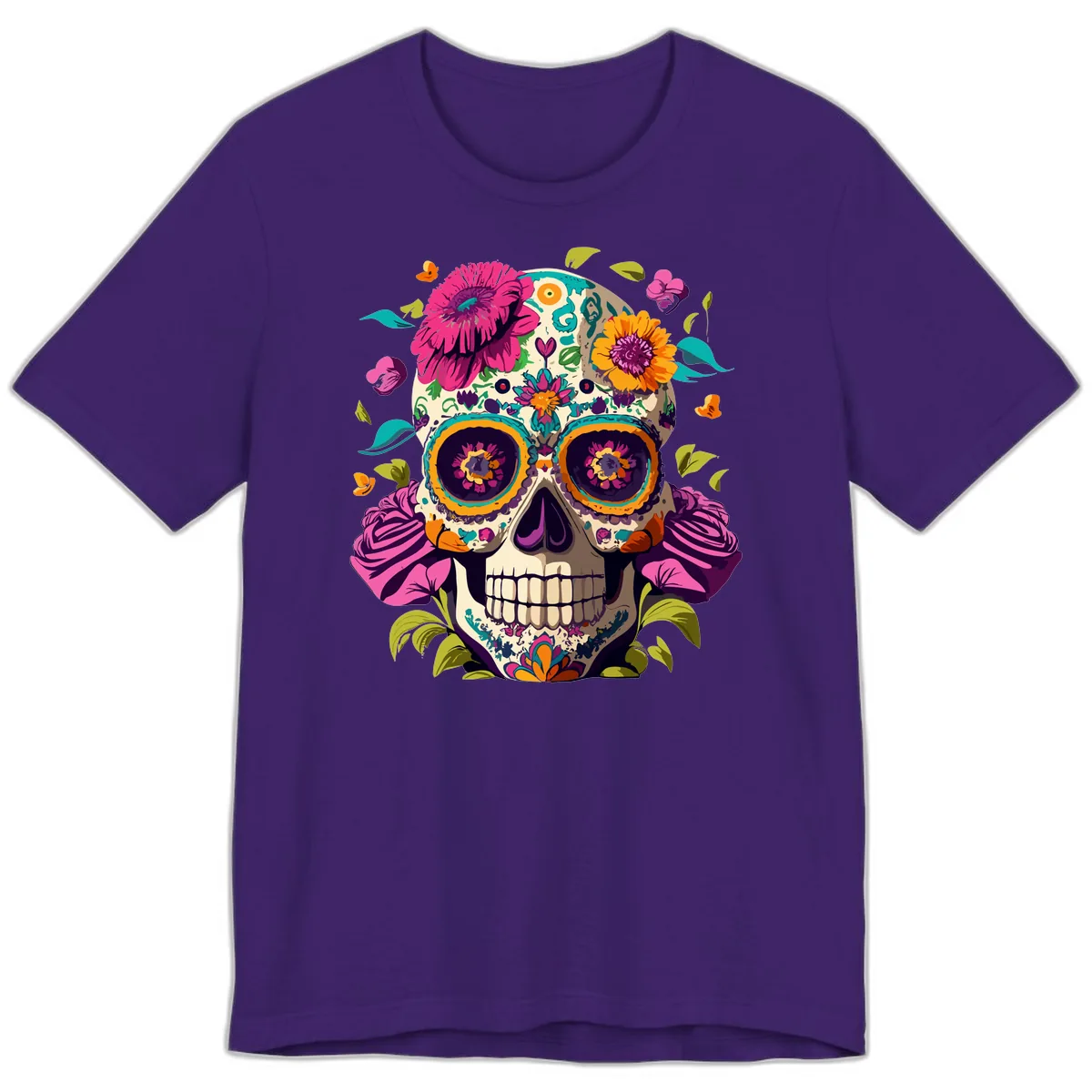 Vibrant Calavera Floral Sugar Skull Premium T-Shirt in Team Purple