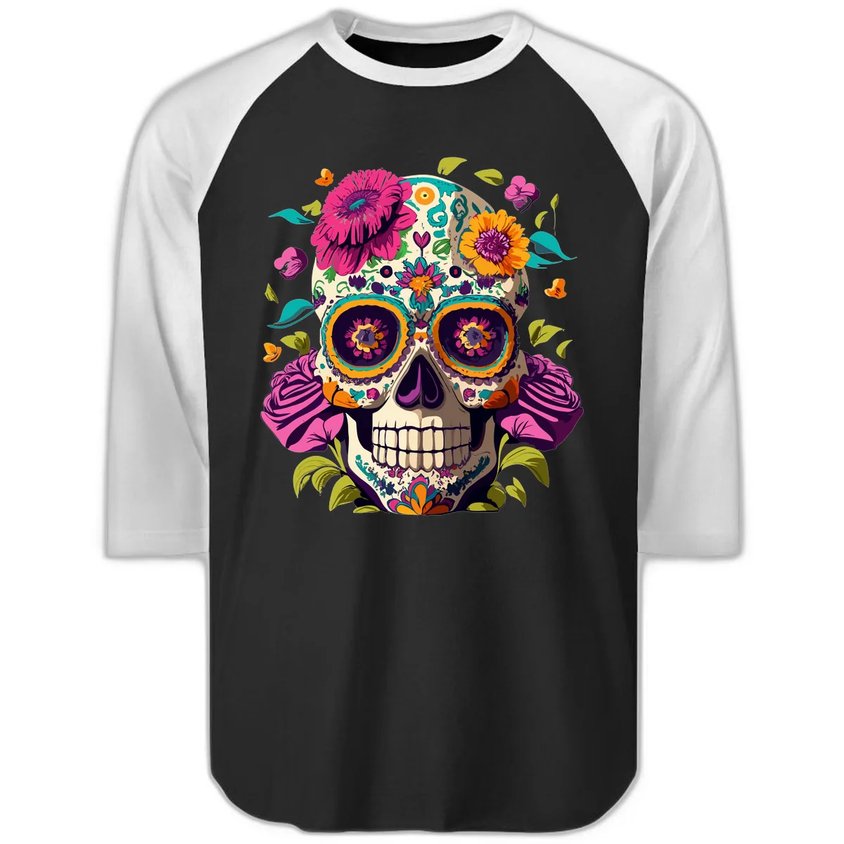Vibrant Calavera Floral Sugar Skull Raglan 3/4 in Black White