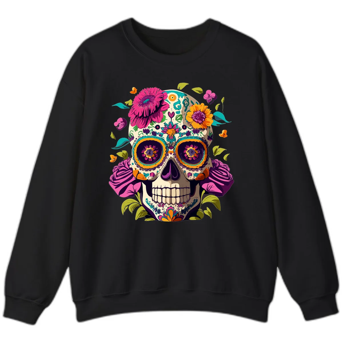 Vibrant Calavera Floral Sugar Skull Sweatshirt in Black