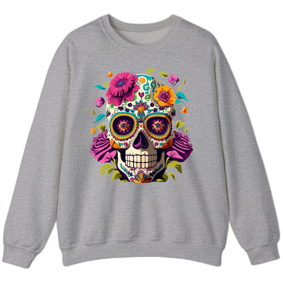 Vibrant Calavera Floral Sugar Skull Sweatshirt in Sport Grey