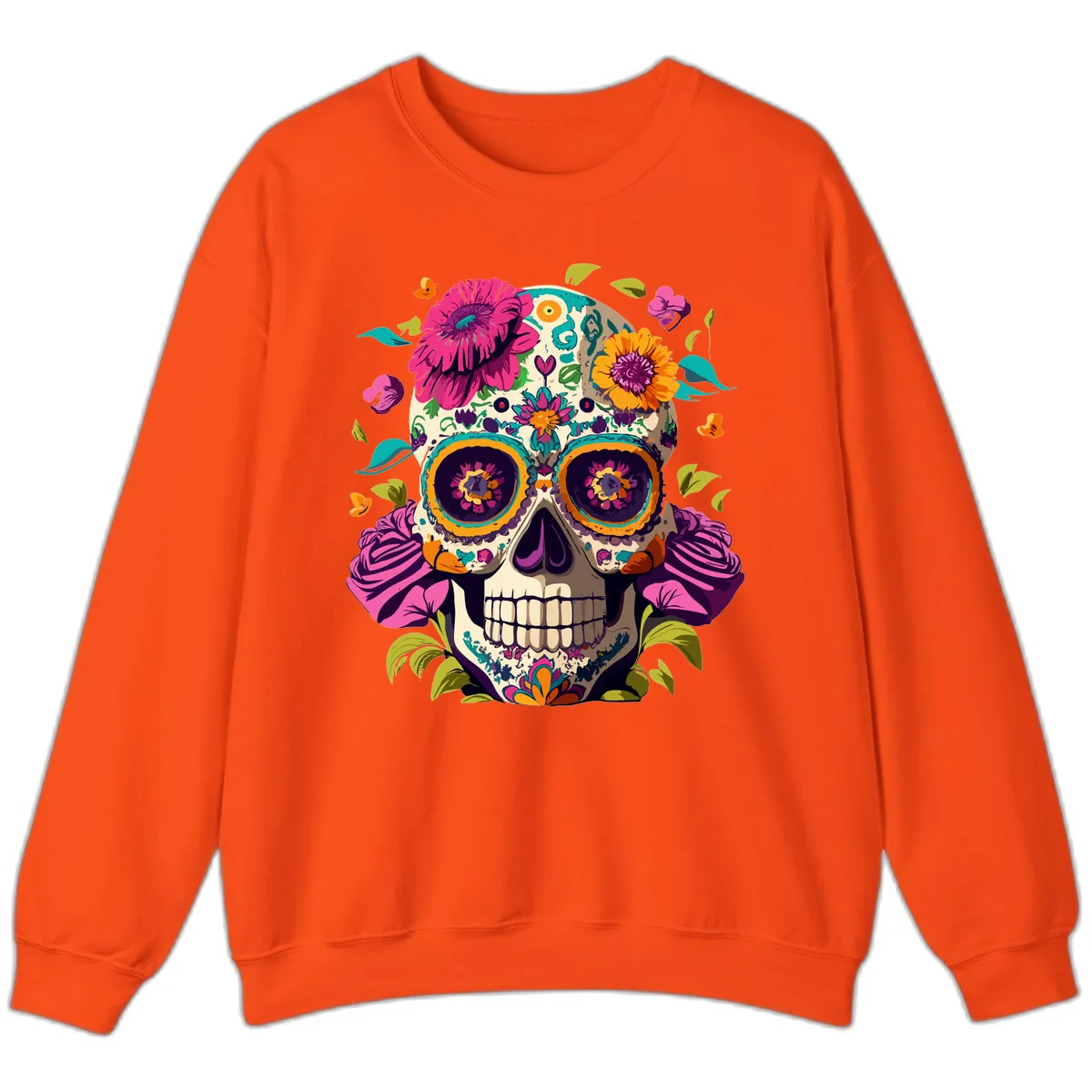 Vibrant Calavera Floral Sugar Skull Sweatshirt in Orange