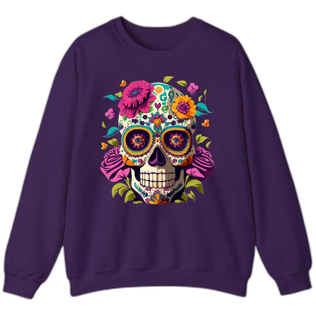 Vibrant Calavera Floral Sugar Skull Sweatshirt in Purple