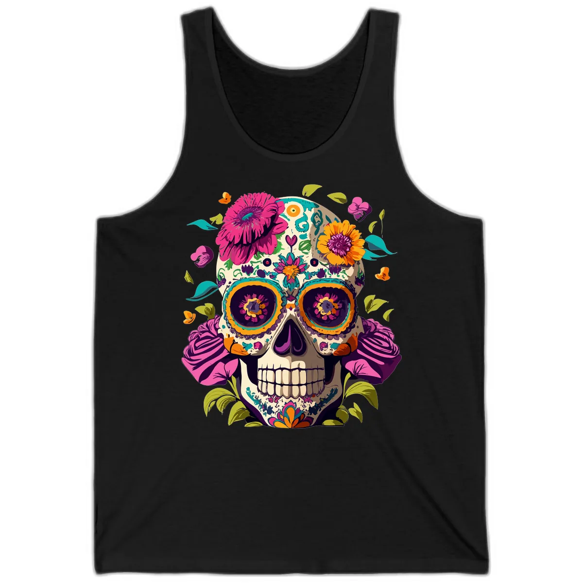 Vibrant Calavera Floral Sugar Skull Tank in Black