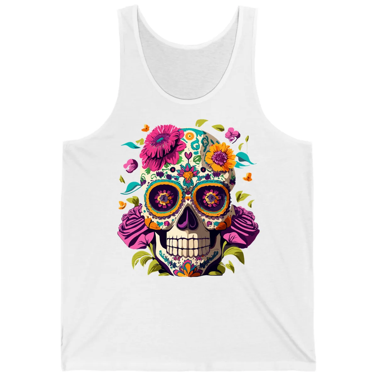 Vibrant Calavera Floral Sugar Skull Tank in White