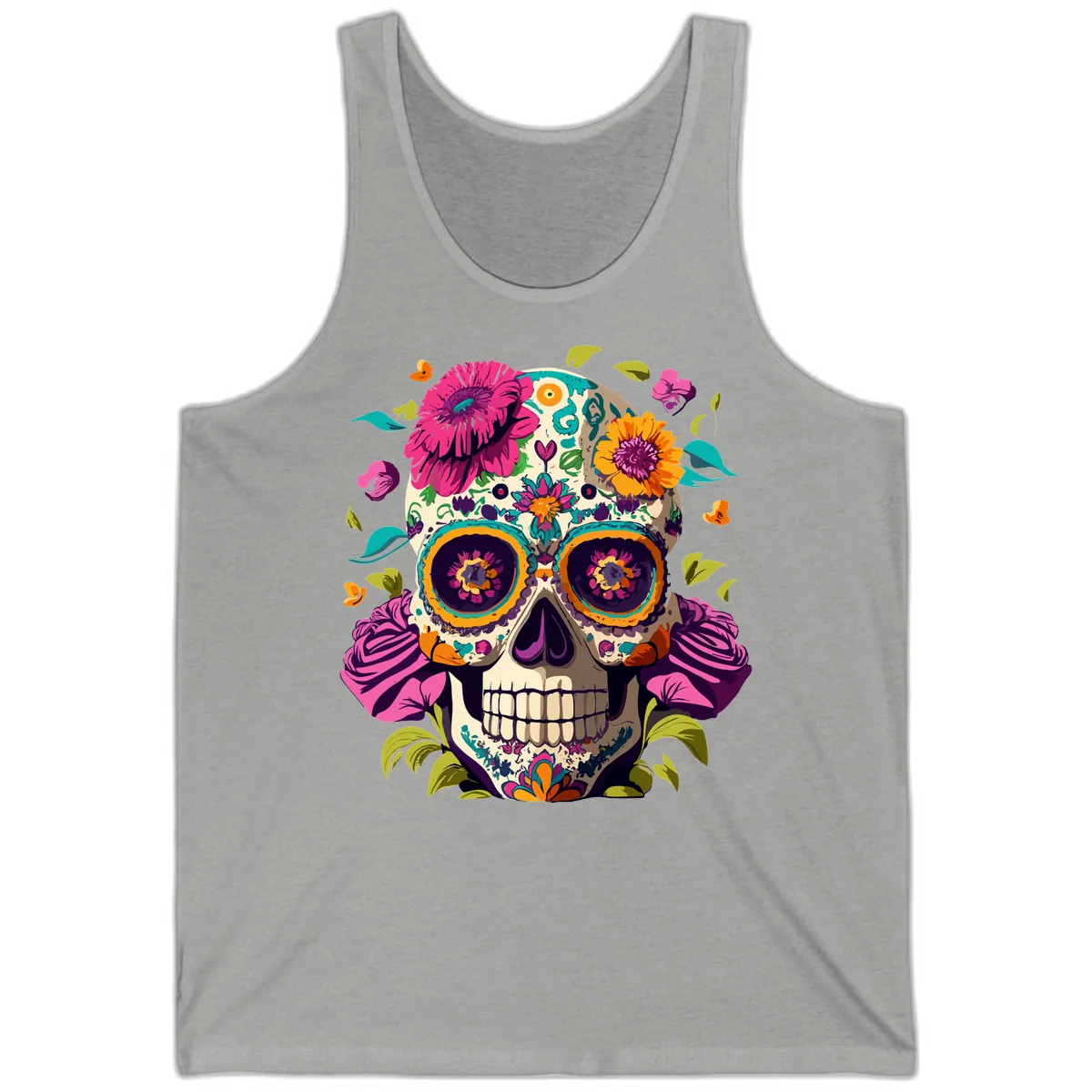 Vibrant Calavera Floral Sugar Skull Tank in Athletic Heather