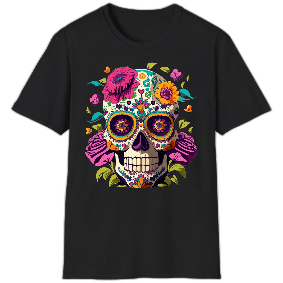 Vibrant Calavera Floral Sugar Skull T-Shirt in Black