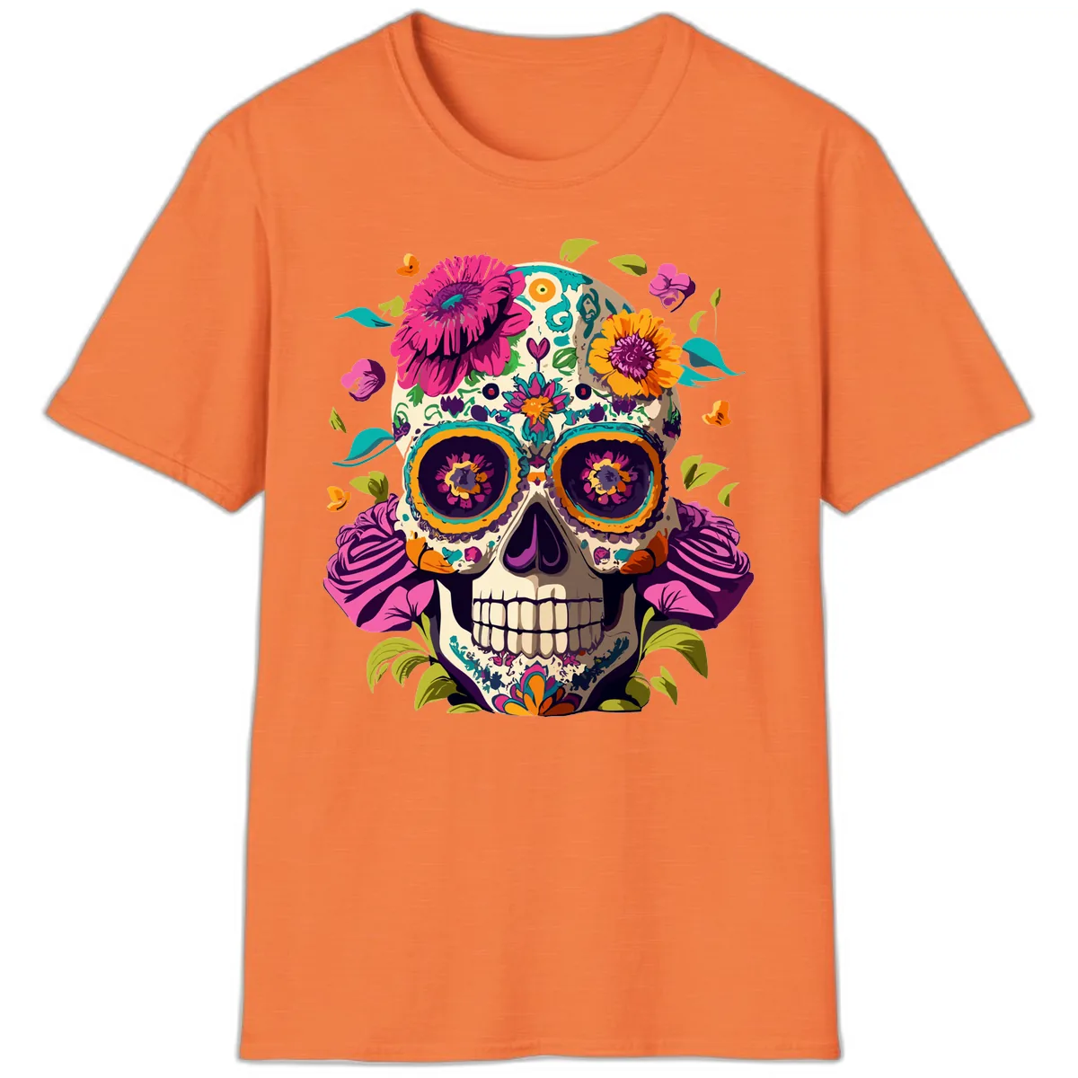 Vibrant Calavera Floral Sugar Skull T-Shirt in Heather Orange