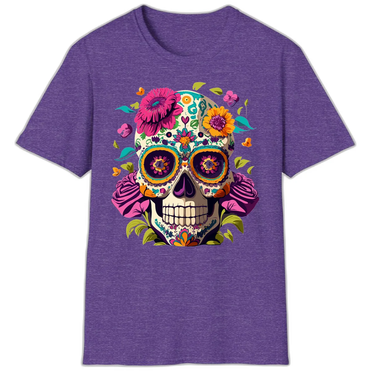 Vibrant Calavera Floral Sugar Skull T-Shirt in Heather Purple