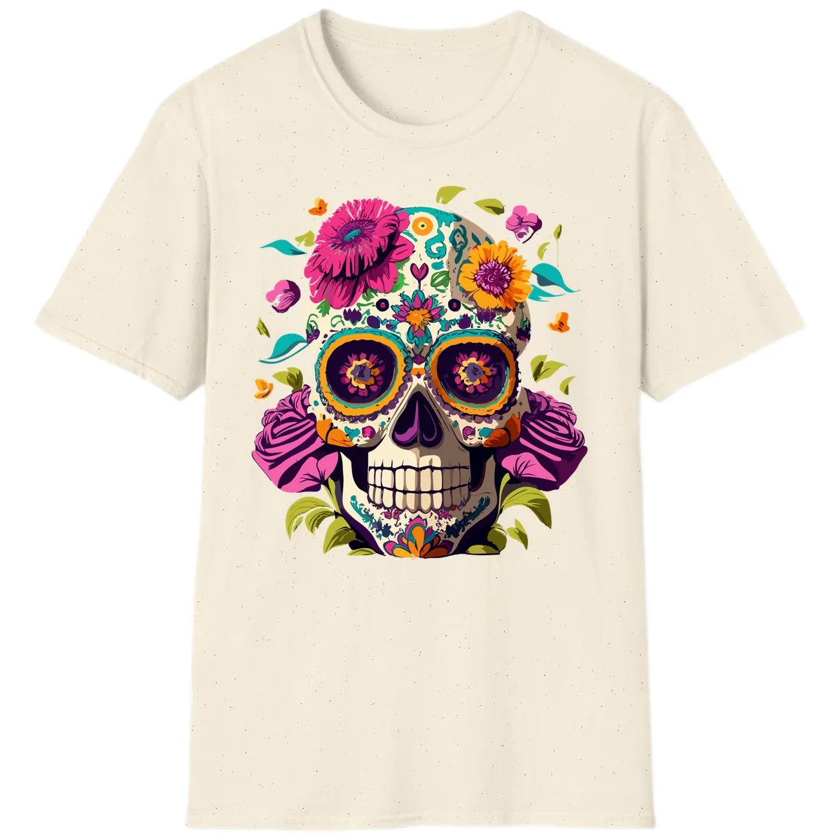 Vibrant Calavera Floral Sugar Skull T-Shirt in Natural