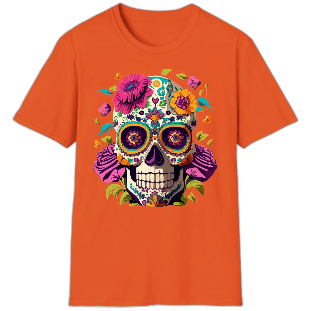 Vibrant Calavera Floral Sugar Skull T-Shirt in Orange