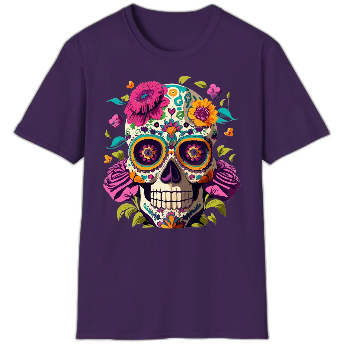 Vibrant Calavera Floral Sugar Skull T-Shirt in Purple