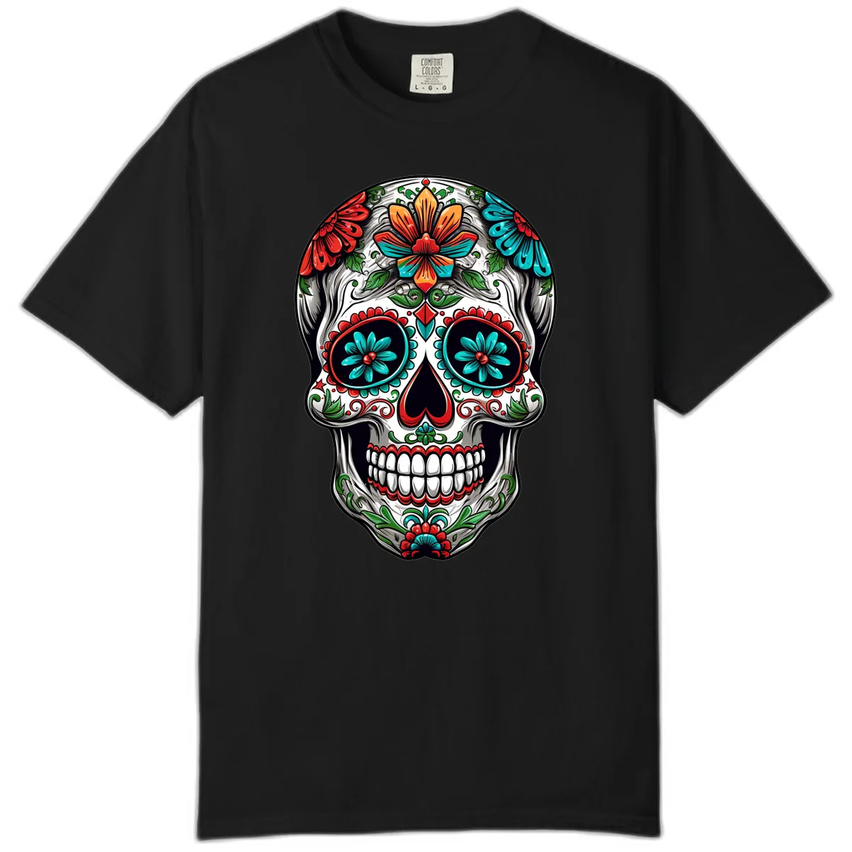 Vibrant Floral Calavera Day of the Dead Skull Comfort Color in Black