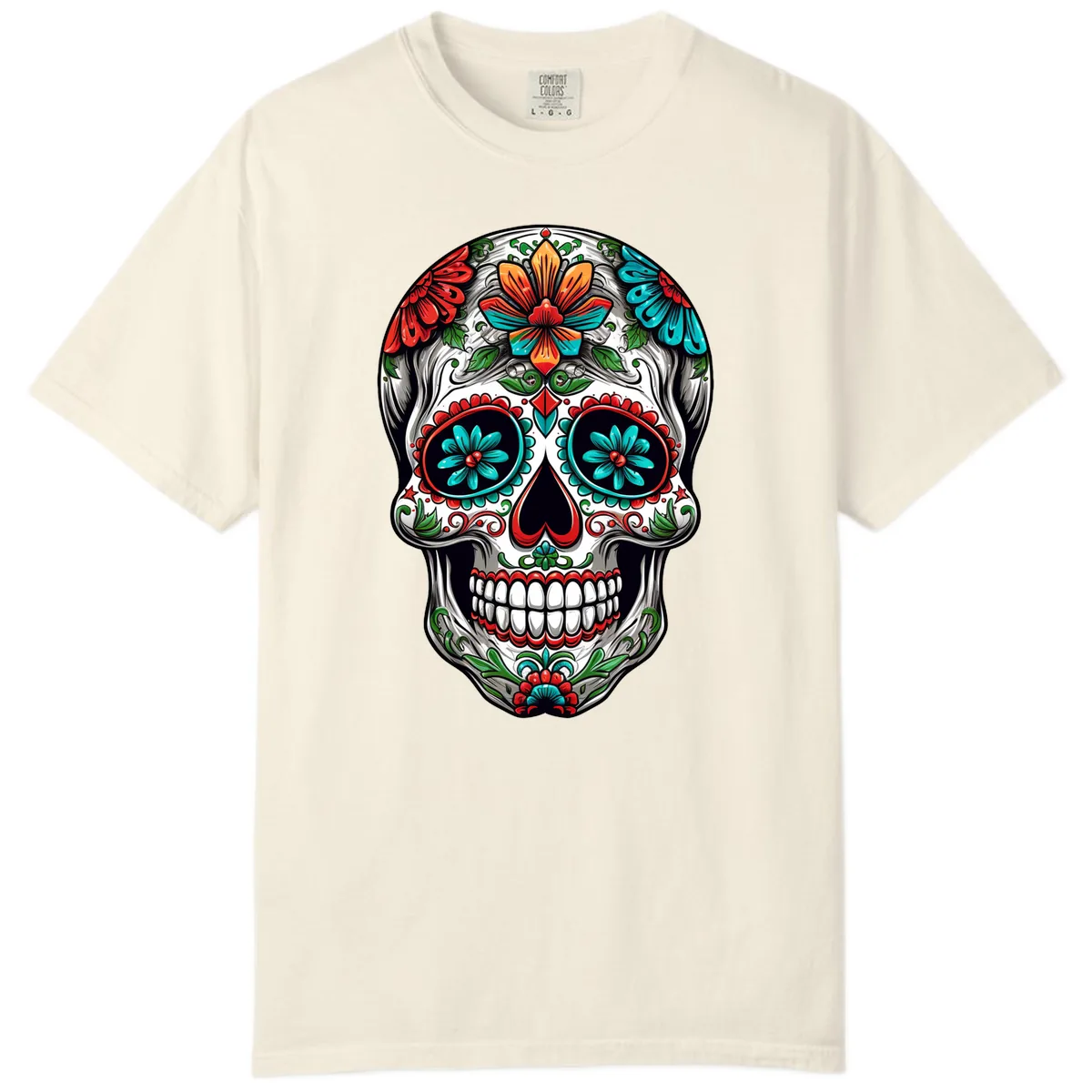 Vibrant Floral Calavera Day of the Dead Skull Comfort Color in Ivory