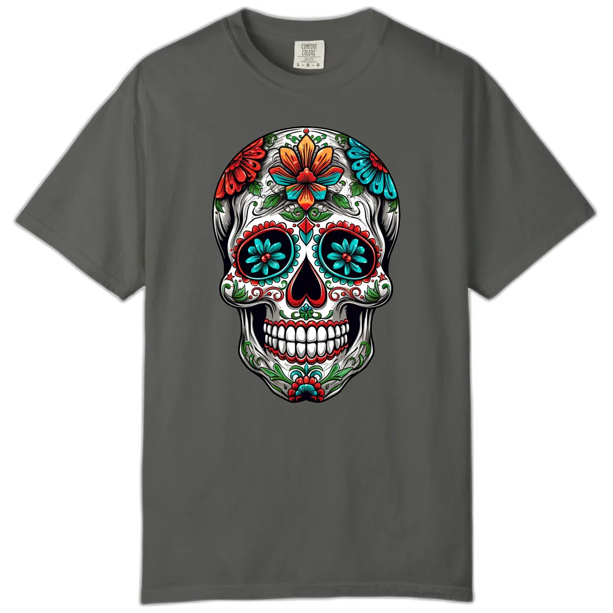 Vibrant Floral Calavera Day of the Dead Skull Comfort Color in Pepper